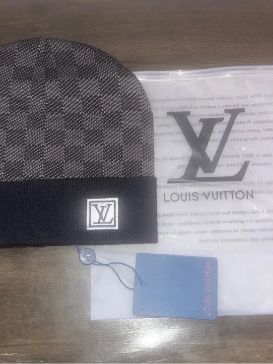 Louis Vuitton Men's Check Pattern Knit Beanie Hat Black Gray Designer - Picture 3 of 3